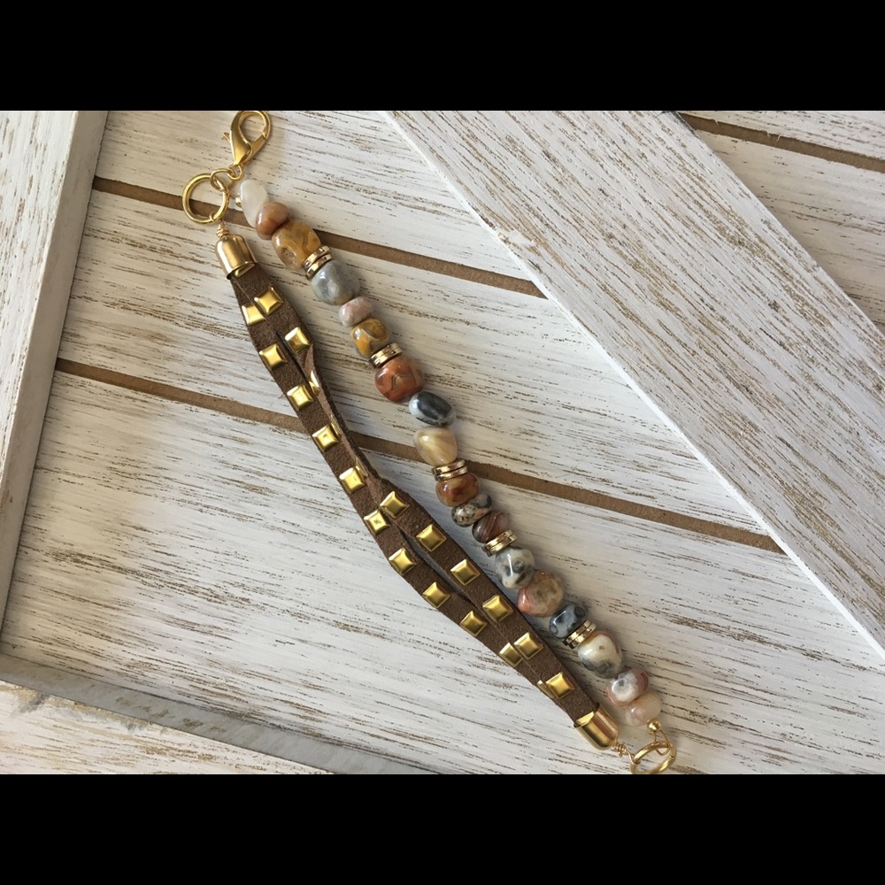 Natural Agate and Faux Leather Bracelet - Picture 3 of 4